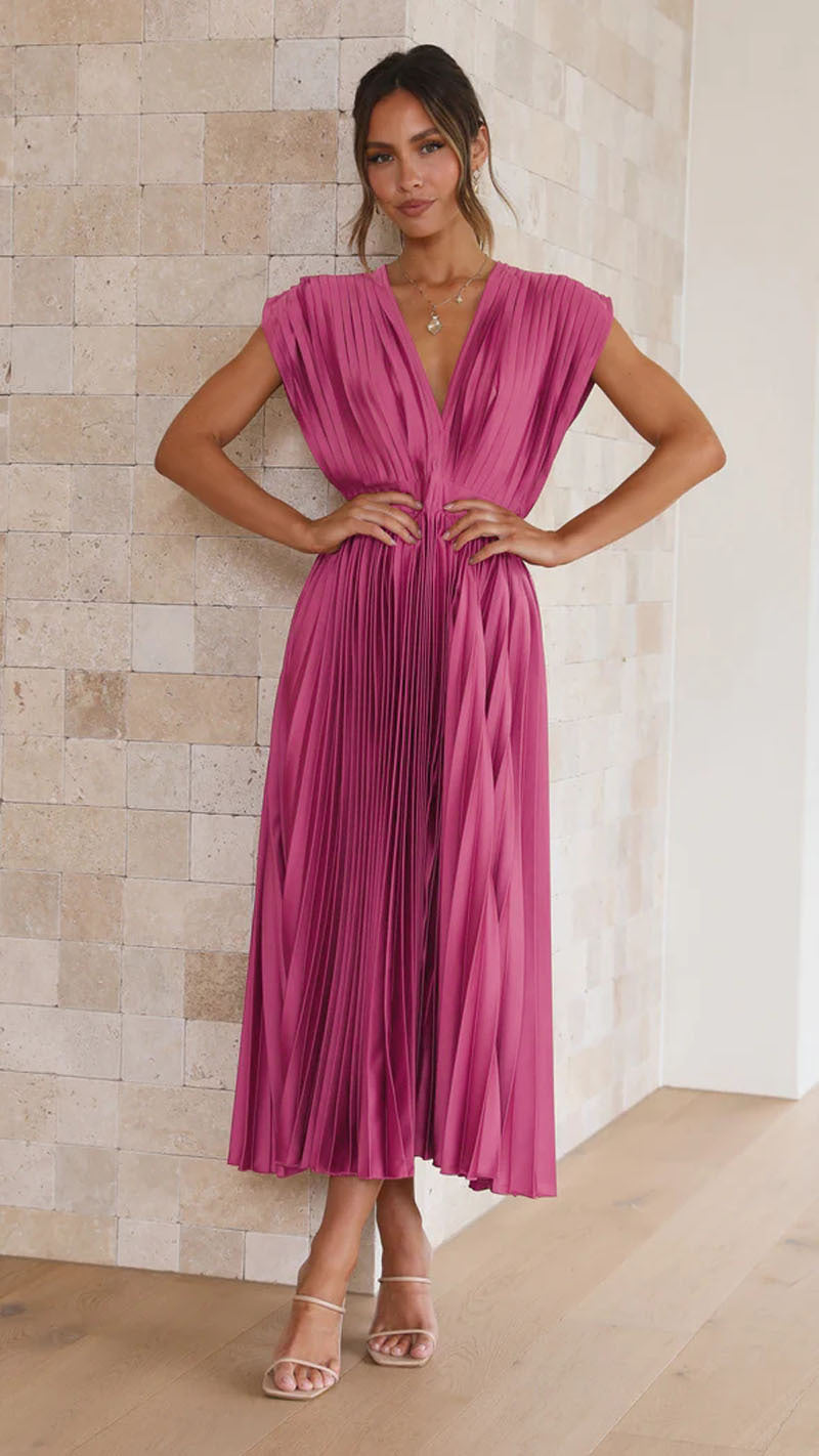 Women's Midi Dress - Deep V-Neck - Pleated Design - Cap Sleeves - Elegant Fit
