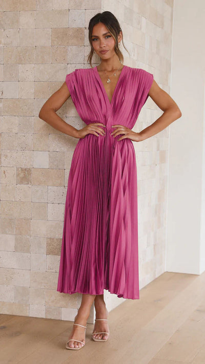 Women's Midi Dress - Deep V-Neck - Pleated Design - Cap Sleeves - Elegant Fit