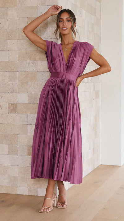 Women's Midi Dress - Deep V-Neck - Pleated Design - Cap Sleeves - Elegant Fit