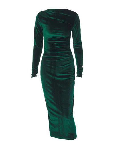 Women's Midi Dress - Fitted Bodycon - Long Sleeve High Neck - Ruched Waist Elegant Style