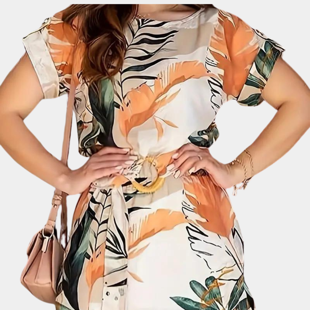 Women's Maxi Dress - Tropical Print - Flowy Fit - Short Cuffed Sleeves - Belted Waist