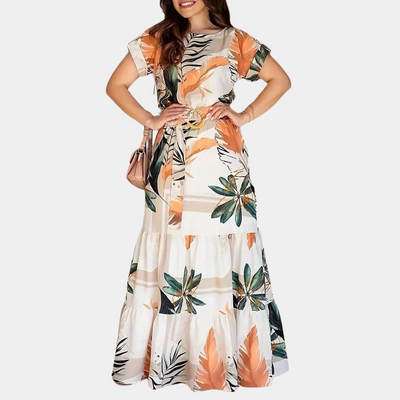 Women's Maxi Dress - Tropical Print - Flowy Fit - Short Cuffed Sleeves - Belted Waist