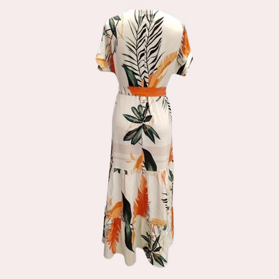 Women's Maxi Dress - Tropical Print - Flowy Fit - Short Cuffed Sleeves - Belted Waist