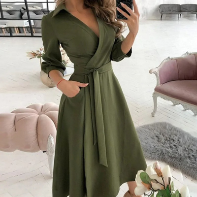 Women's Wrap Midi Dress - V-Neck - Belted Waist - Long Sleeve Elegant Fit