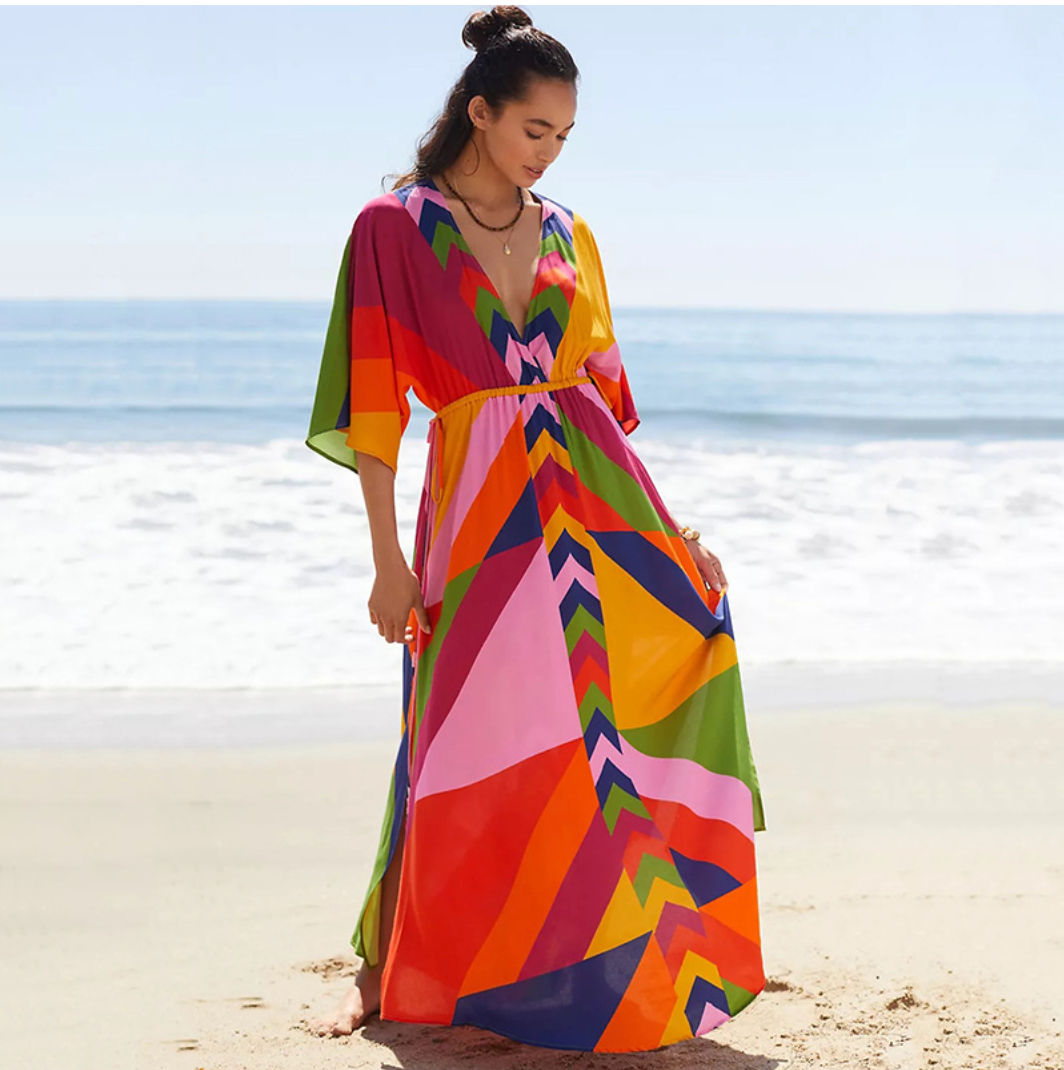 Women's Maxi Dress - Geometric Print - Deep V-Neck - Cinched Waist - Mid-Length Sleeves