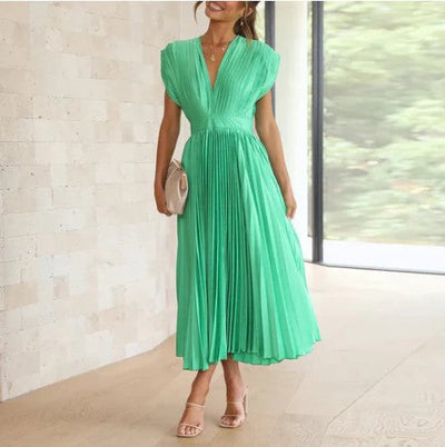 Women's Maxi Dress - Flowing Pleated Skirt - Deep V-Neck - Elegant Cap Sleeves