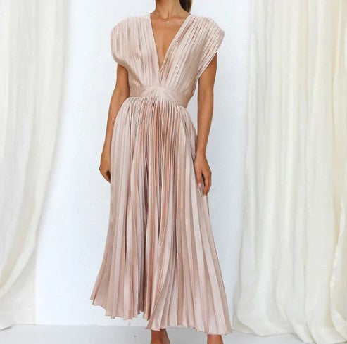 Women's Maxi Dress - Flowing Pleated Skirt - Deep V-Neck - Elegant Cap Sleeves