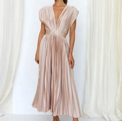 Women's Maxi Dress - Flowing Pleated Skirt - Deep V-Neck - Elegant Cap Sleeves