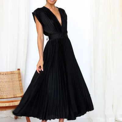 Women's Maxi Dress - Flowing Pleated Skirt - Deep V-Neck - Elegant Cap Sleeves