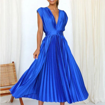 Women's Maxi Dress - Flowing Pleated Skirt - Deep V-Neck - Elegant Cap Sleeves