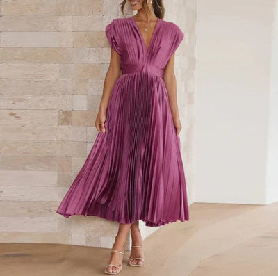 Women's Maxi Dress - Flowing Pleated Skirt - Deep V-Neck - Elegant Cap Sleeves