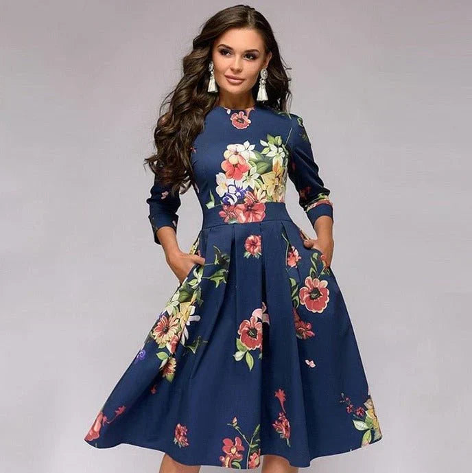 Women's Midi Dress - A-Line Fit-and-Flare - Three-Quarter Sleeves - Floral Print