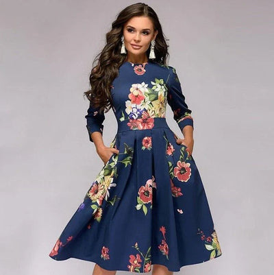 Women's Midi Dress - A-Line Fit-and-Flare - Three-Quarter Sleeves - Floral Print