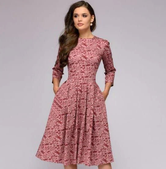 Women's Midi Dress - A-Line Fit-and-Flare - Three-Quarter Sleeves - Floral Print