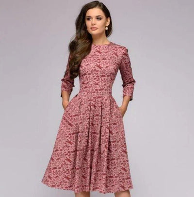 Women's Midi Dress - A-Line Fit-and-Flare - Three-Quarter Sleeves - Floral Print